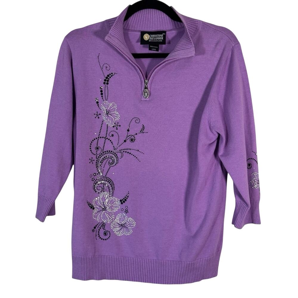 Christine Alexander Purple Sequined Quarter Zip Sweater Womens L Casual Bling